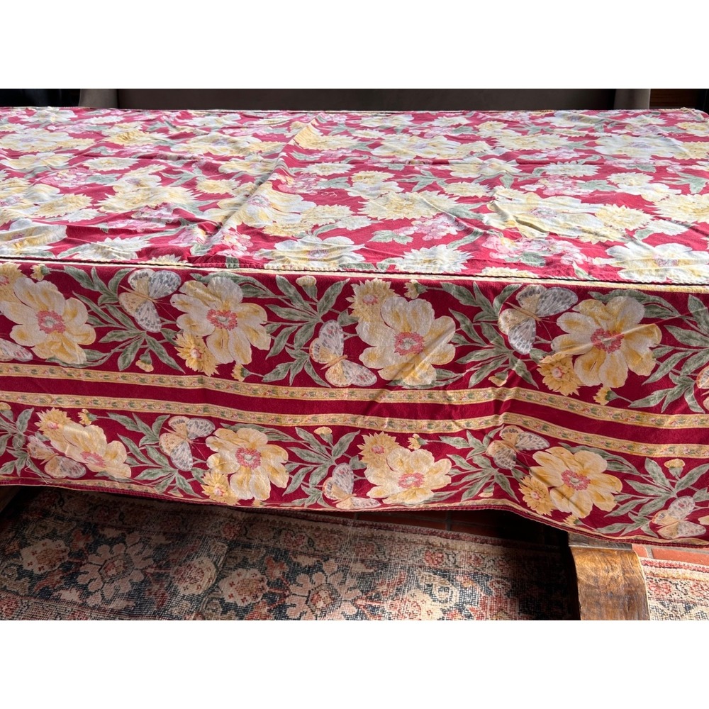 Vintage April Cornell Floral Butterfly Red Rectangle Tablecloth 64" X 98" - Picture 3 of 13